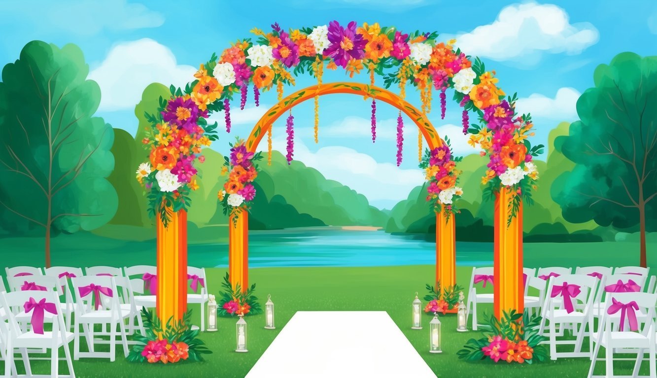 A brightly painted ceremony arch stands adorned with vibrant colors, adding a lively and festive touch to the wedding decor