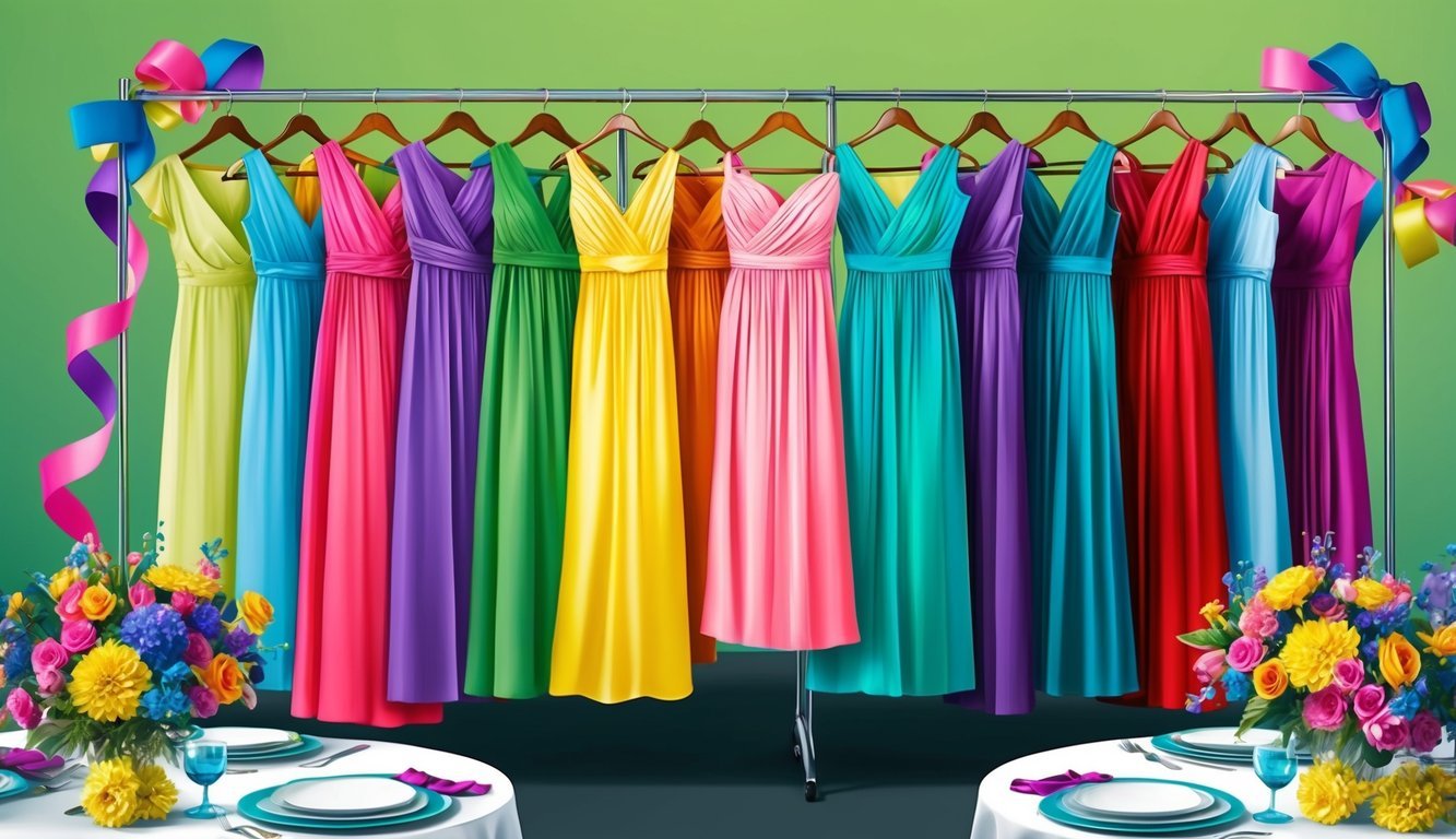 A vibrant array of bridesmaid dresses in various colors, hanging on a clothing rack surrounded by colorful wedding decor such as flowers, ribbons, and table settings