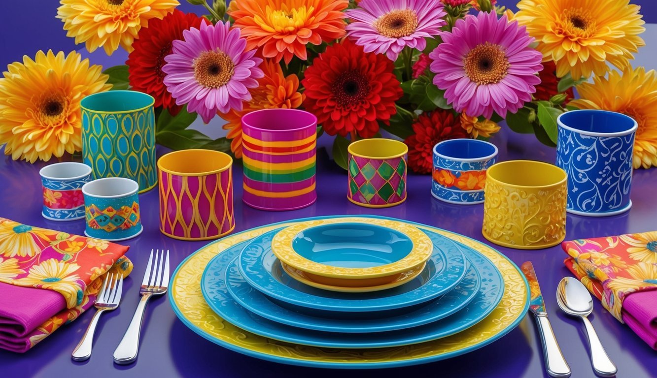 A table set with colorful napkin rings in various designs, surrounded by vibrant flowers and bright decor