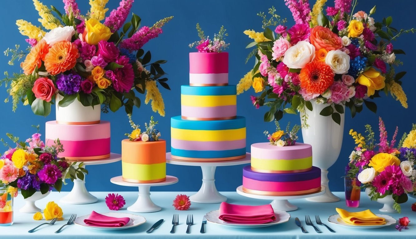 A table adorned with vibrant, color-popped wedding cakes surrounded by floral arrangements and colorful decor