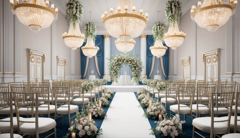 Elegant wedding ceremony venue with chandeliers, floral arch, and rows of chairs