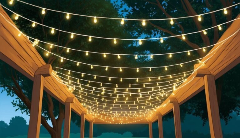 String lights hanging from a wooden pergola at night