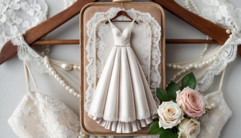 Elegant wedding dress on a hanger, surrounded by pearls and roses