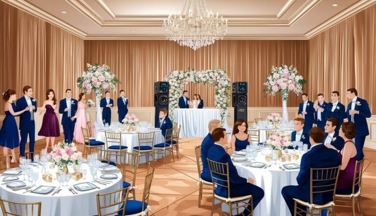 Wedding reception with guests, tables, floral arrangements, and a couple at the altar