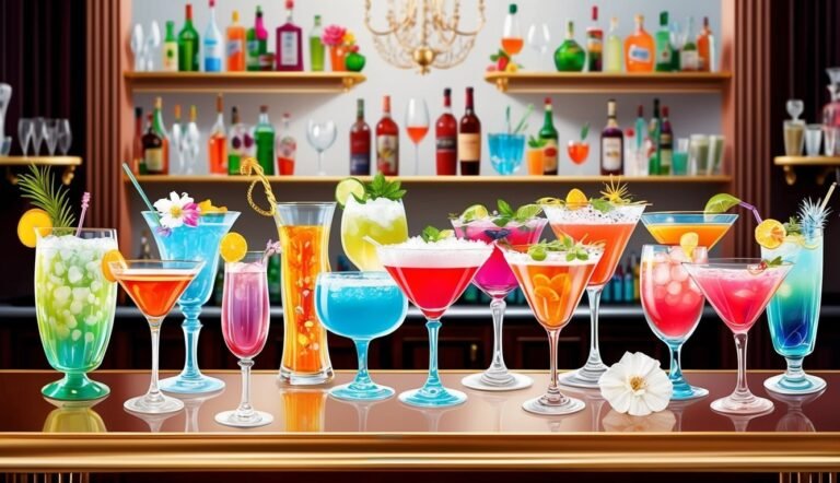 Colorful cocktails on a bar with bottles on shelves in the background
