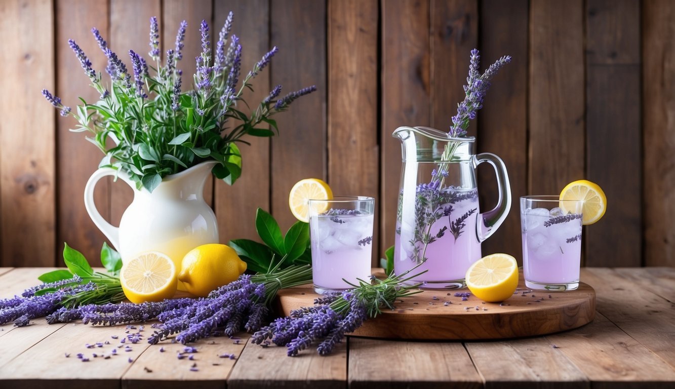 A rustic wooden bar adorned with fresh lavender and lemons, with a pitcher and glasses filled with lavender lemonade