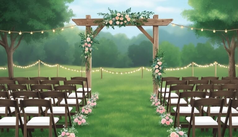 Outdoor wedding ceremony setup with wooden arch, chairs, and floral decorations