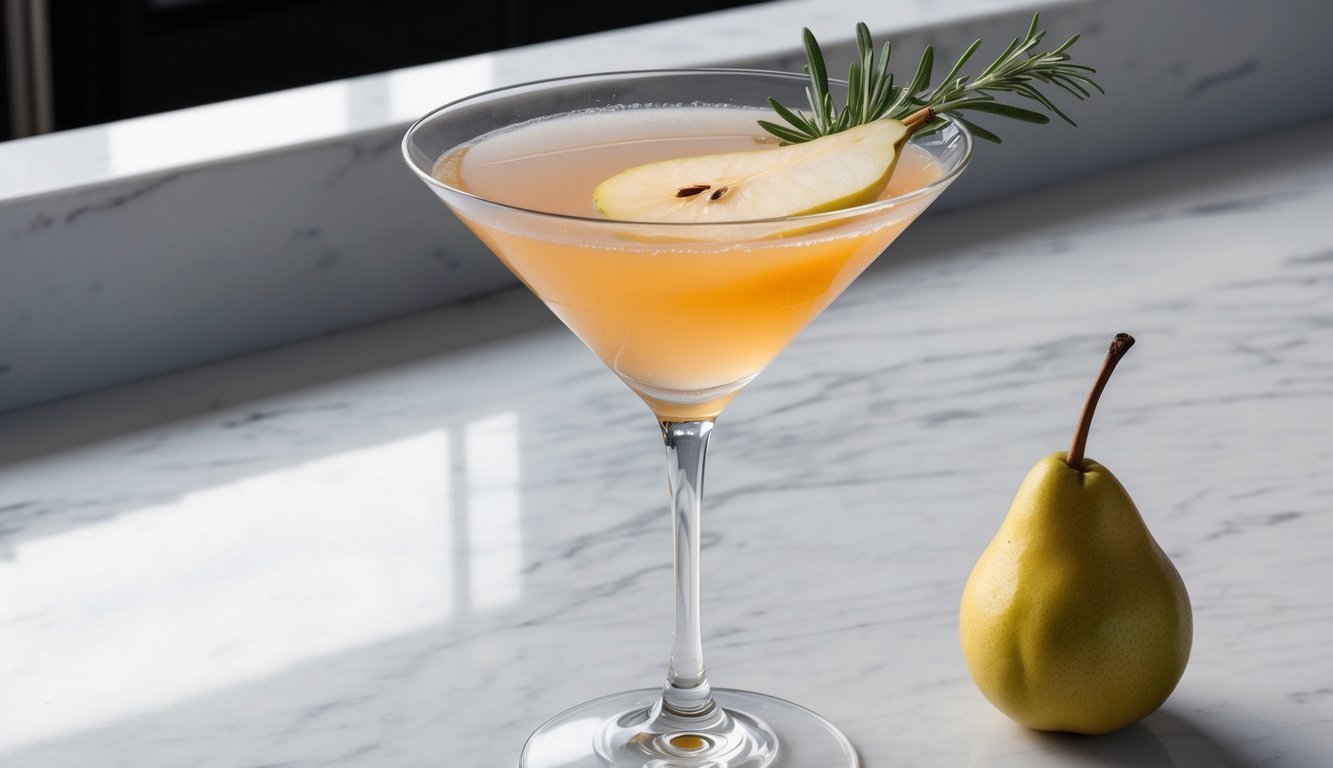 A sleek martini glass filled with a golden spiced pear cocktail, garnished with a slice of fresh pear and a sprig of rosemary, set on a marble bar counter