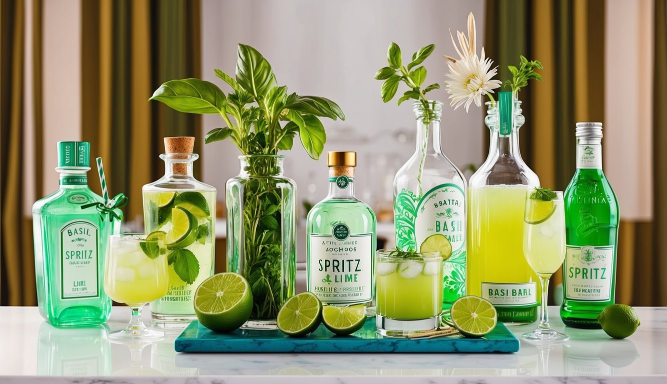 A vibrant cocktail bar featuring basil, lime, and spritz ingredients with decorative elements and a wedding theme