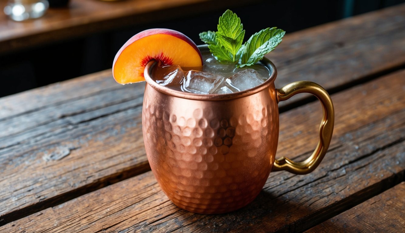 A copper mug filled with a ginger peach mule cocktail, garnished with a slice of peach and sprig of mint, set on a rustic wooden bar counter