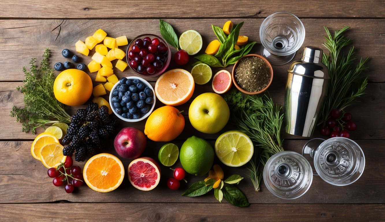 A colorful array of fruits, herbs, and spirits arranged on a rustic wooden table, with a vintage cocktail shaker and elegant glassware nearby