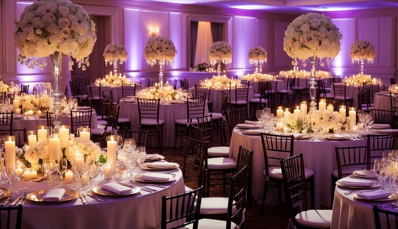 Candlelit centerpieces illuminate a lavish wedding reception, casting a warm and romantic glow over the elegant table settings