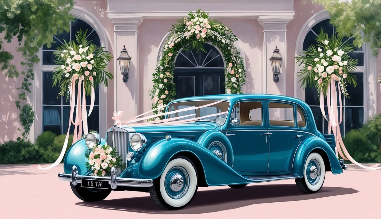 A vintage car parked in front of a wedding venue, adorned with elegant floral decorations and ribbons, with a luxurious and romantic ambiance