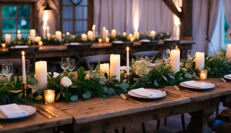 Long wooden tables set for a wedding reception with candles and greenery