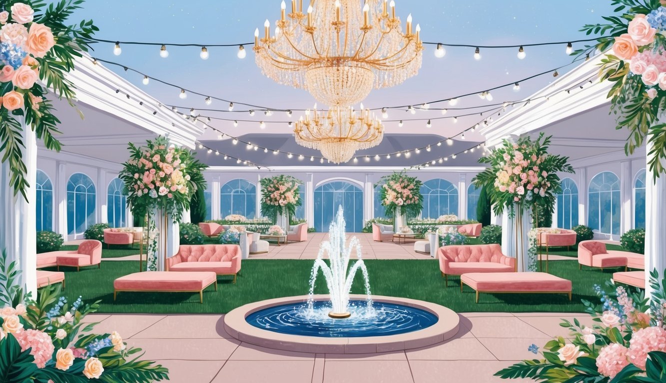 A grand outdoor venue with elegant floral arrangements, sparkling chandeliers, and plush seating areas.</p><p>A flowing fountain and string lights add a touch of romance