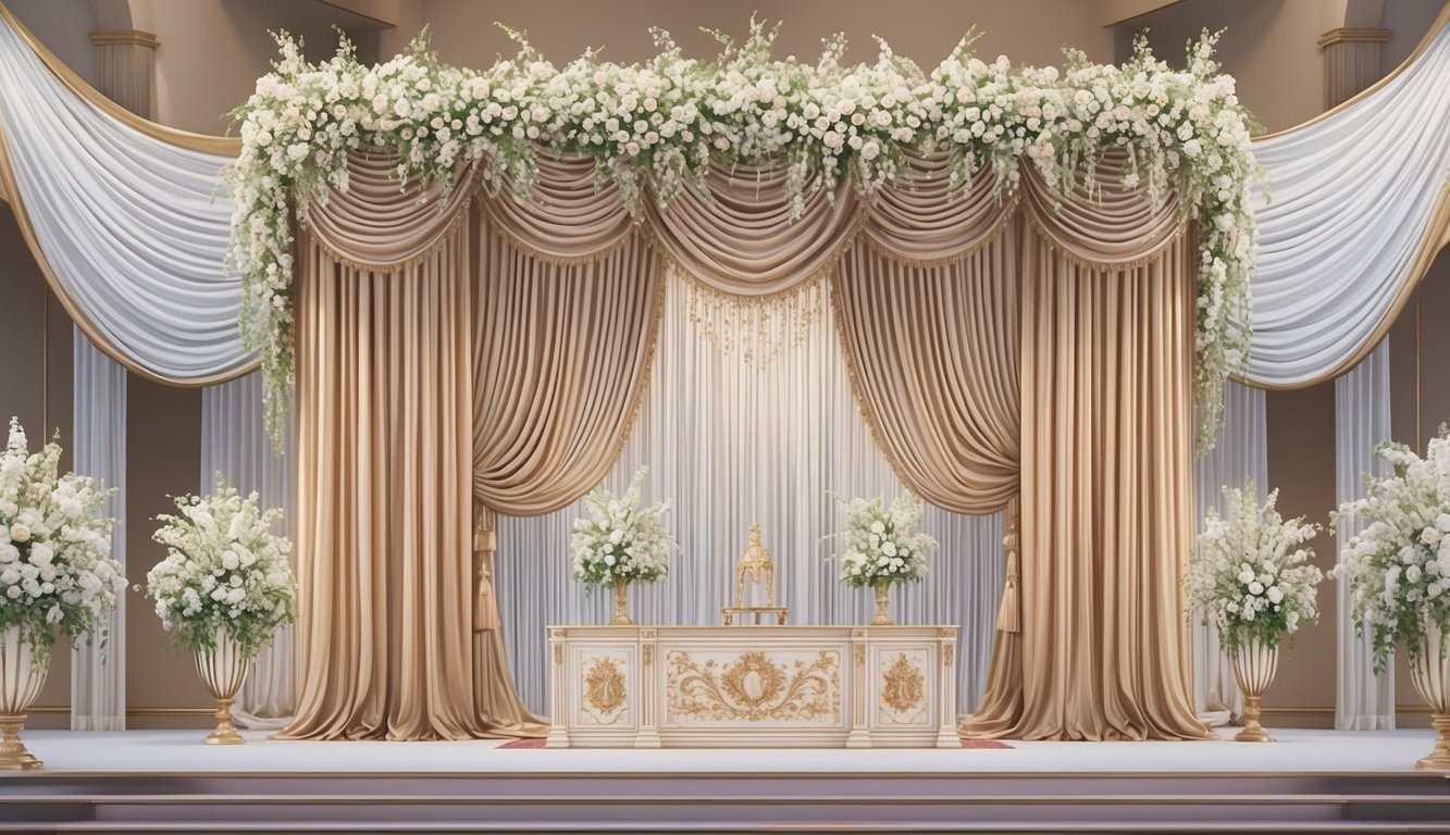 A grand, opulent wedding altar adorned with billowing, luxurious drapery cascading down in elegant folds