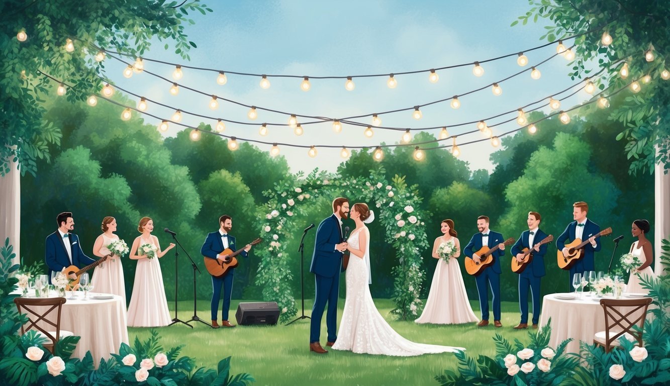 An elegant outdoor wedding reception with a live acoustic band performing under twinkling string lights and surrounded by lush greenery