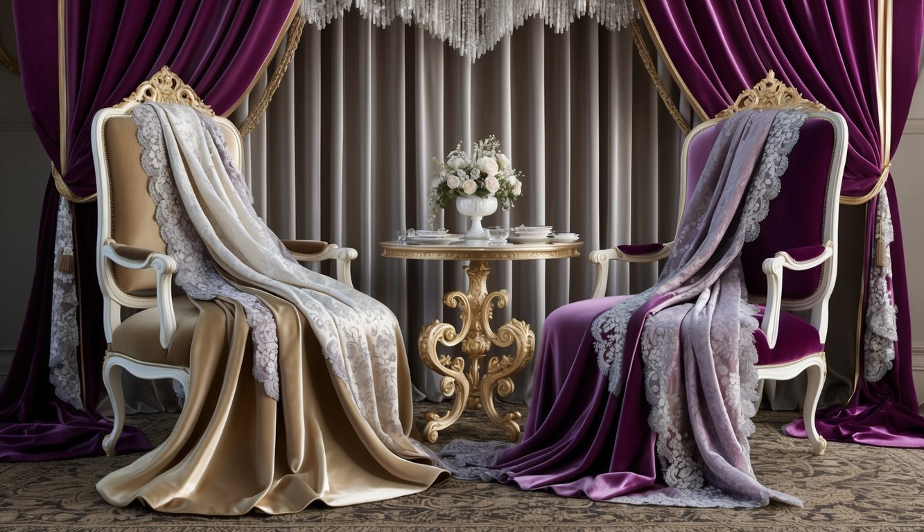 Rich fabrics drape over elegant tables, cascading from opulent chairs.</p><p>Velvet, silk, and satin create a luxurious ambiance, adorned with delicate lace and shimmering details