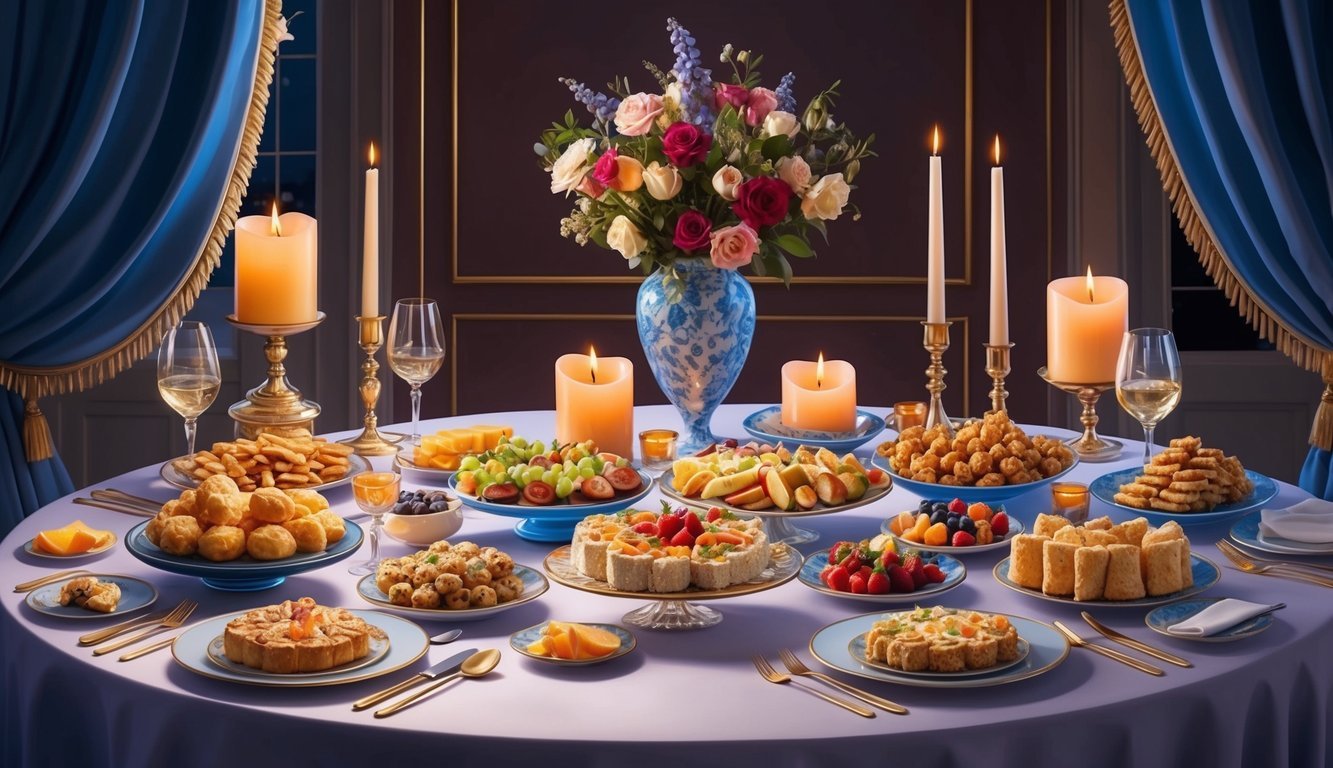 A beautifully decorated table with an array of elegant late-night snacks, surrounded by soft candlelight and luxurious decor