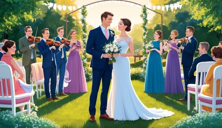 Wedding ceremony with bride and groom, string quartet, and guests in a garden