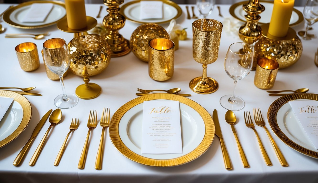 A wedding table adorned with gold-rimmed plates, golden cutlery, and shimmering gold centerpieces.</p><p>Gold accents also appear in the form of candle holders, napkin rings, and decorative signage