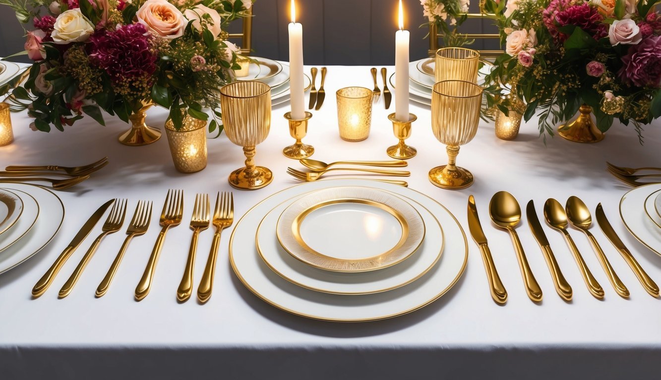 Gold-dipped cutlery arranged on a white tablecloth with gold accents, surrounded by floral centerpieces and candlelight