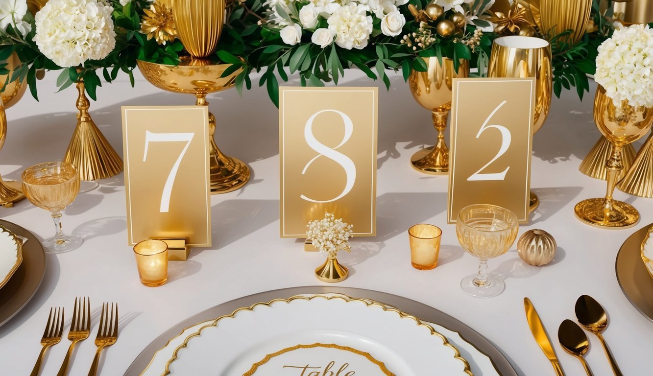 A wedding reception table adorned with golden table numbers, surrounded by elegant gold accents and decor