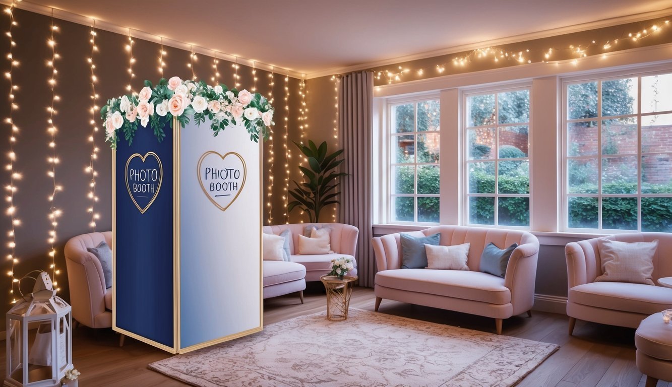 A photo booth with wedding props set in a cozy corner, surrounded by twinkling lights and soft seating for a relaxed atmosphere