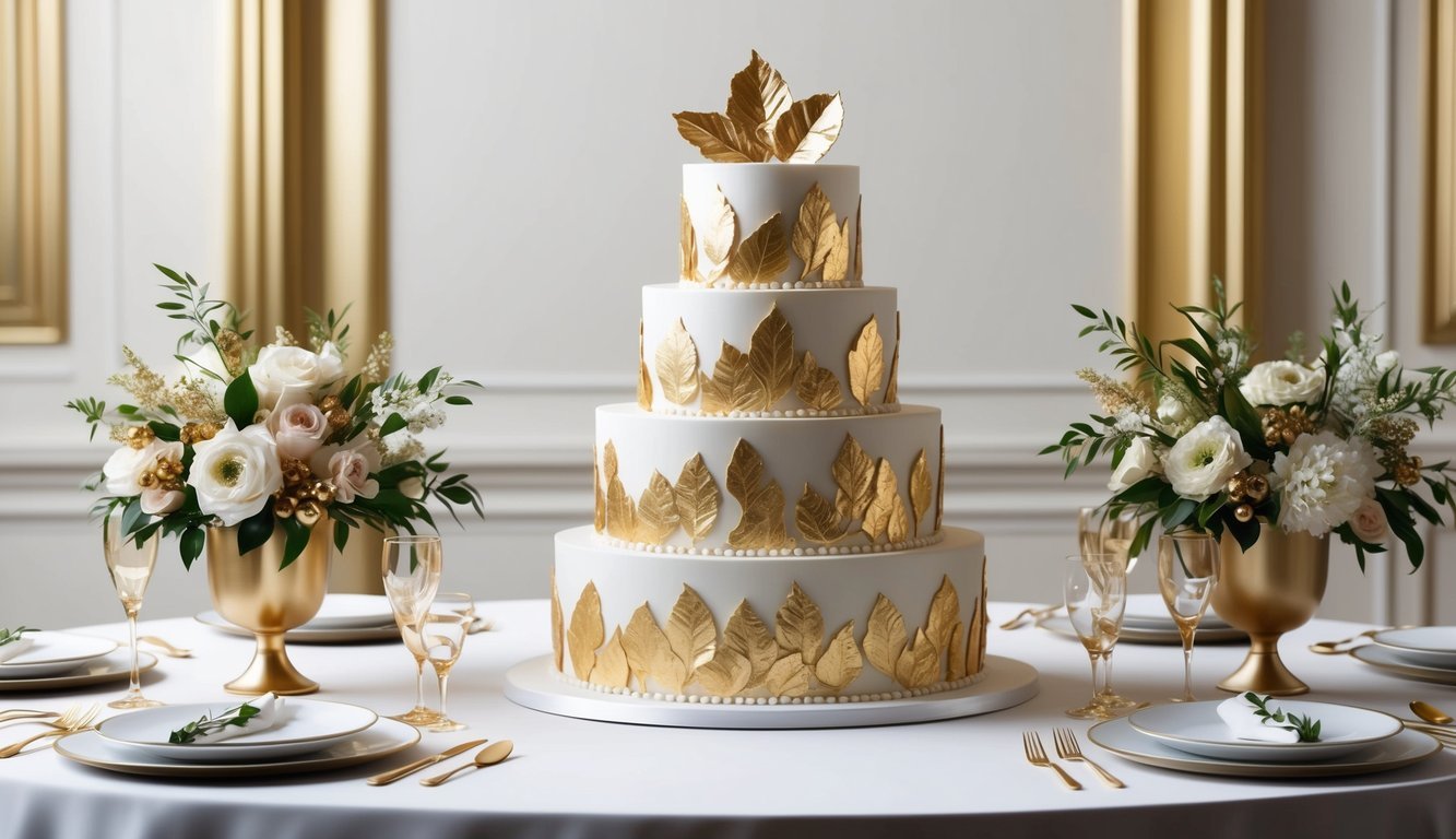 A tiered wedding cake adorned with gold leaf decorations, surrounded by elegant table settings featuring gold accents and floral arrangements