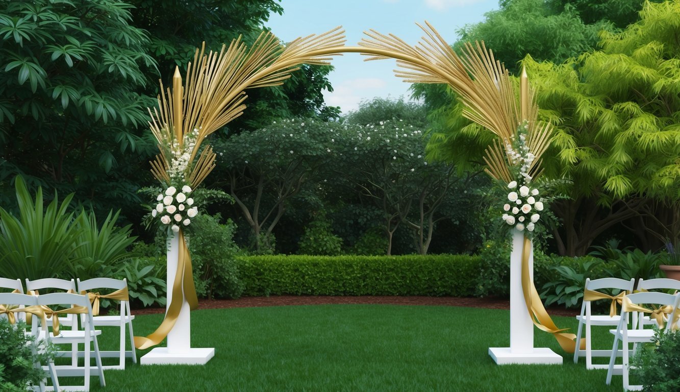 A wedding arch adorned with gold accents stands in a lush garden, with gold ribbons and flowers woven through the structure