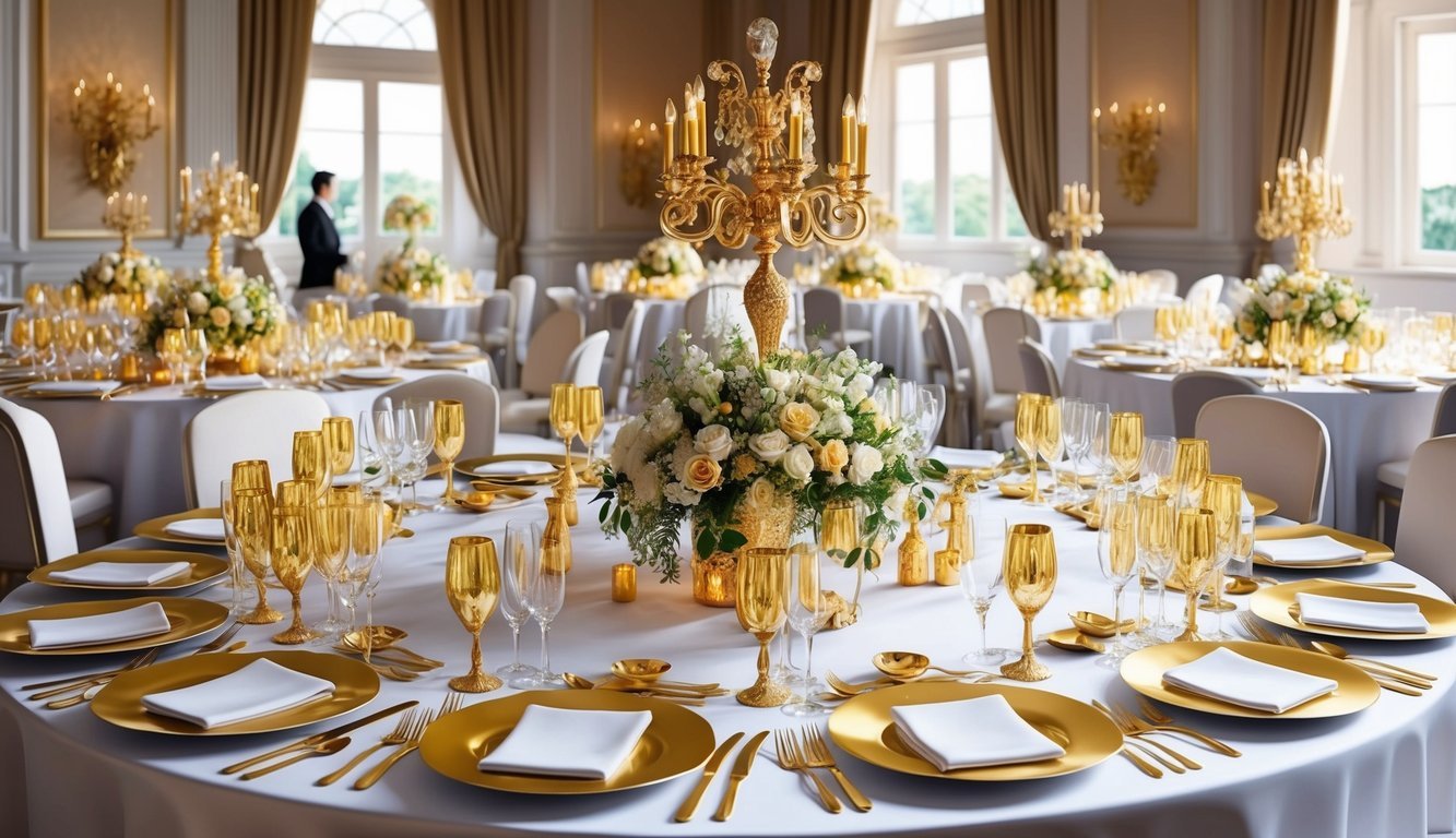 A grand wedding banquet adorned with golden cutlery, shimmering tablecloths, and gilded centerpieces, creating an opulent and luxurious atmosphere