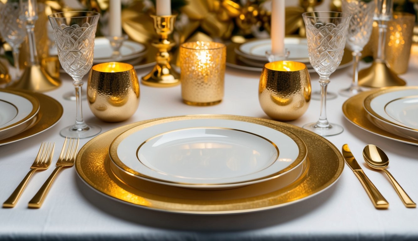 A wedding table adorned with gold-rimmed plates, golden candle holders, and shimmering gold cutlery, set against a backdrop of luxurious gold accents and decorations