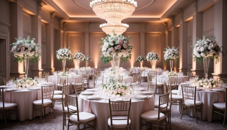 Elegant ballroom set for a wedding reception with floral centerpieces