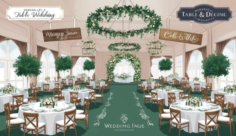 Illustration of a wedding reception hall with tables, floral decorations, and signs