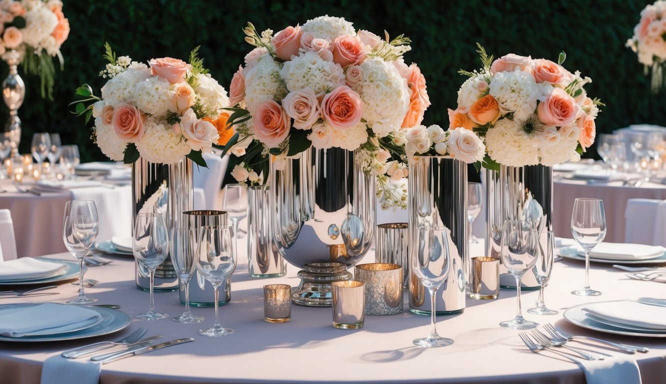 A wedding table adorned with mirrored centerpieces reflecting the surrounding flowers and decor