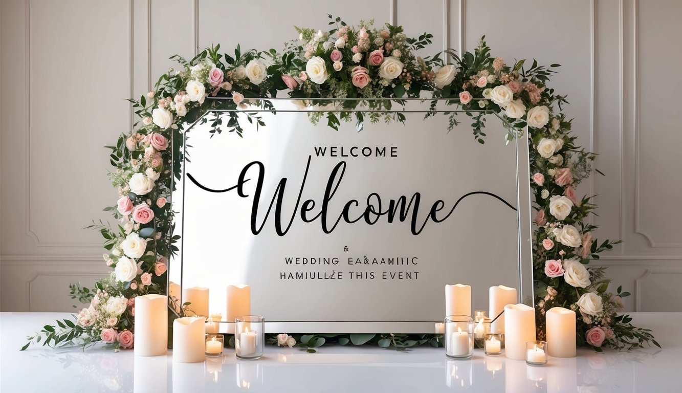 A wedding welcome sign made of mirrors surrounded by floral arrangements and candles, reflecting the romantic ambiance of the event