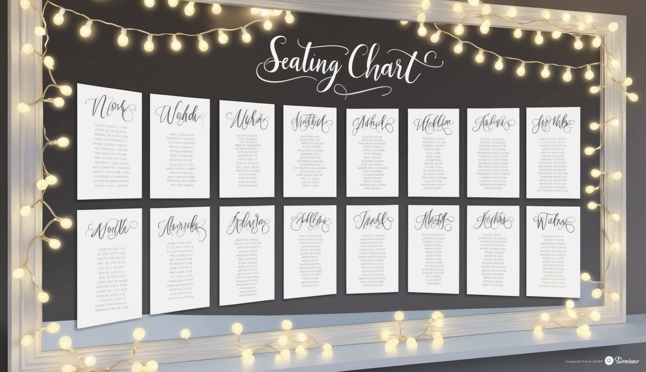 A seating chart displayed on a mirror wall, adorned with elegant calligraphy and surrounded by twinkling fairy lights