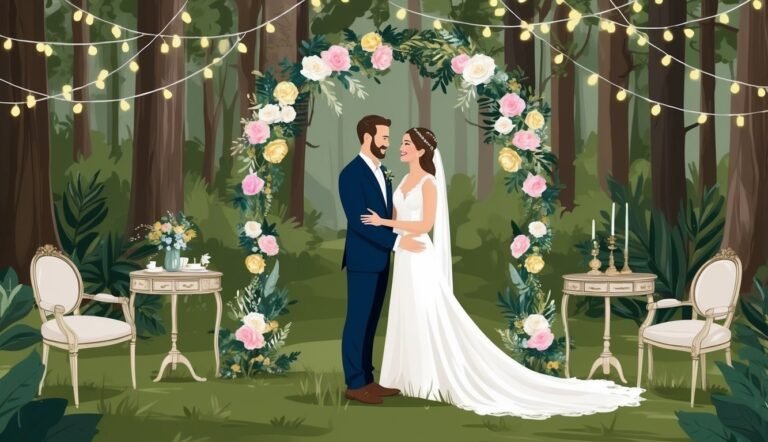 Wedding couple under floral arch in a forest setting with string lights