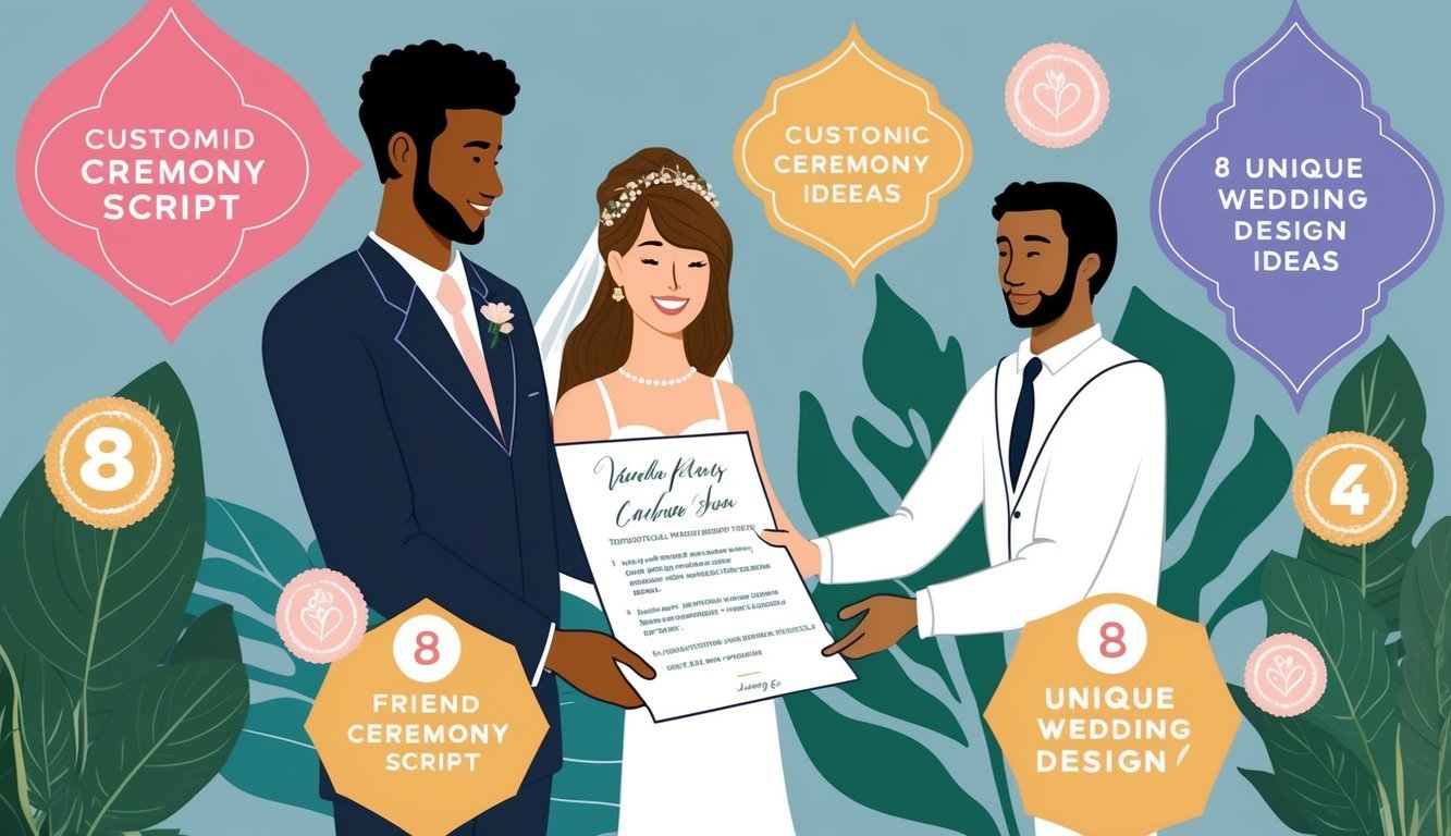 A friend hands a couple a customized ceremony script, surrounded by 8 unique wedding design ideas