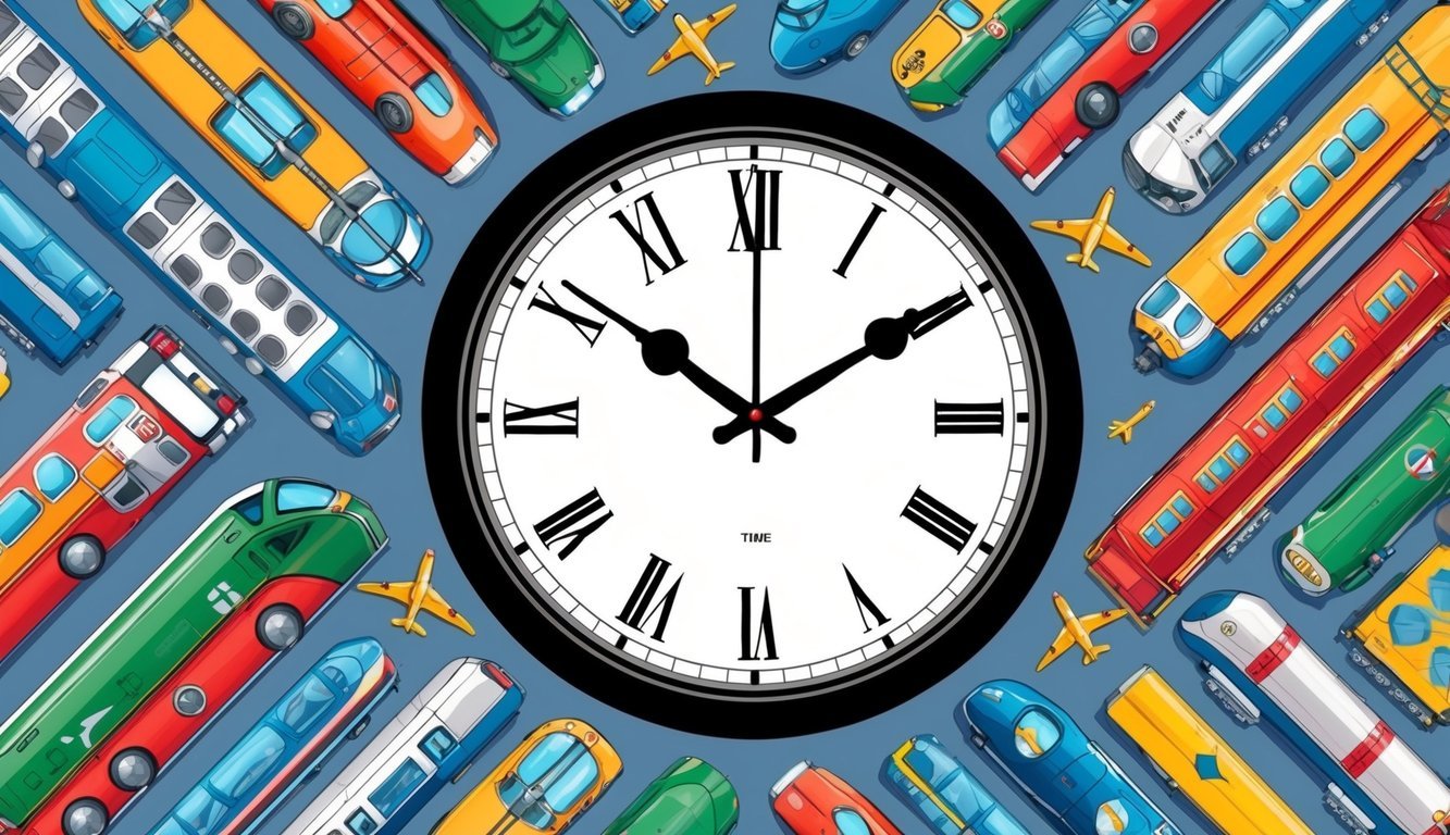 A clock with hands set to different times, surrounded by various modes of transportation like cars, planes, and trains