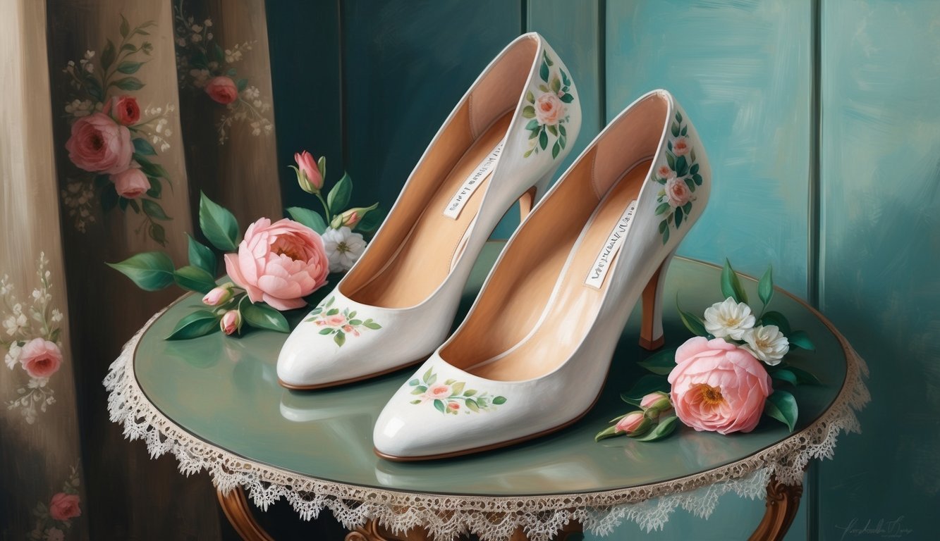 A pair of hand-painted wedding shoes displayed on a vintage table with floral and lace accents