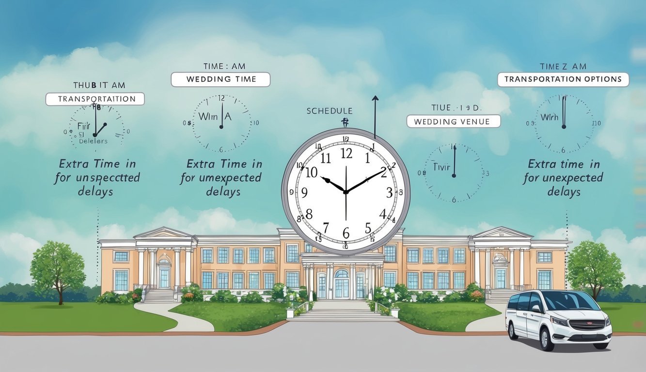 A clock showing different times with a schedule, a wedding venue, and transportation options, with extra time built in for unexpected delays