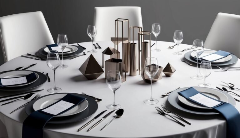 Elegant table setting with geometric centerpieces, plates, silverware, and wine glasses