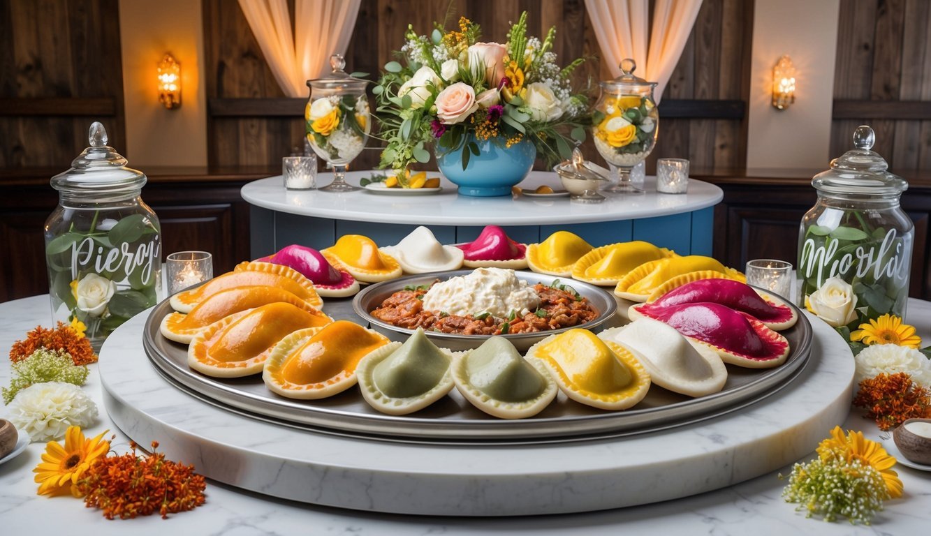 A colorful array of specialty pierogi displayed on a bar, surrounded by unique wedding decor and personalized touches