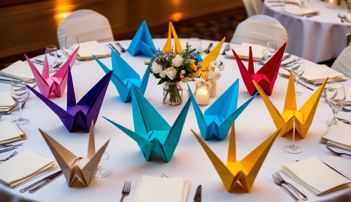 A table with origami paper cranes in various colors and sizes arranged as wedding decor