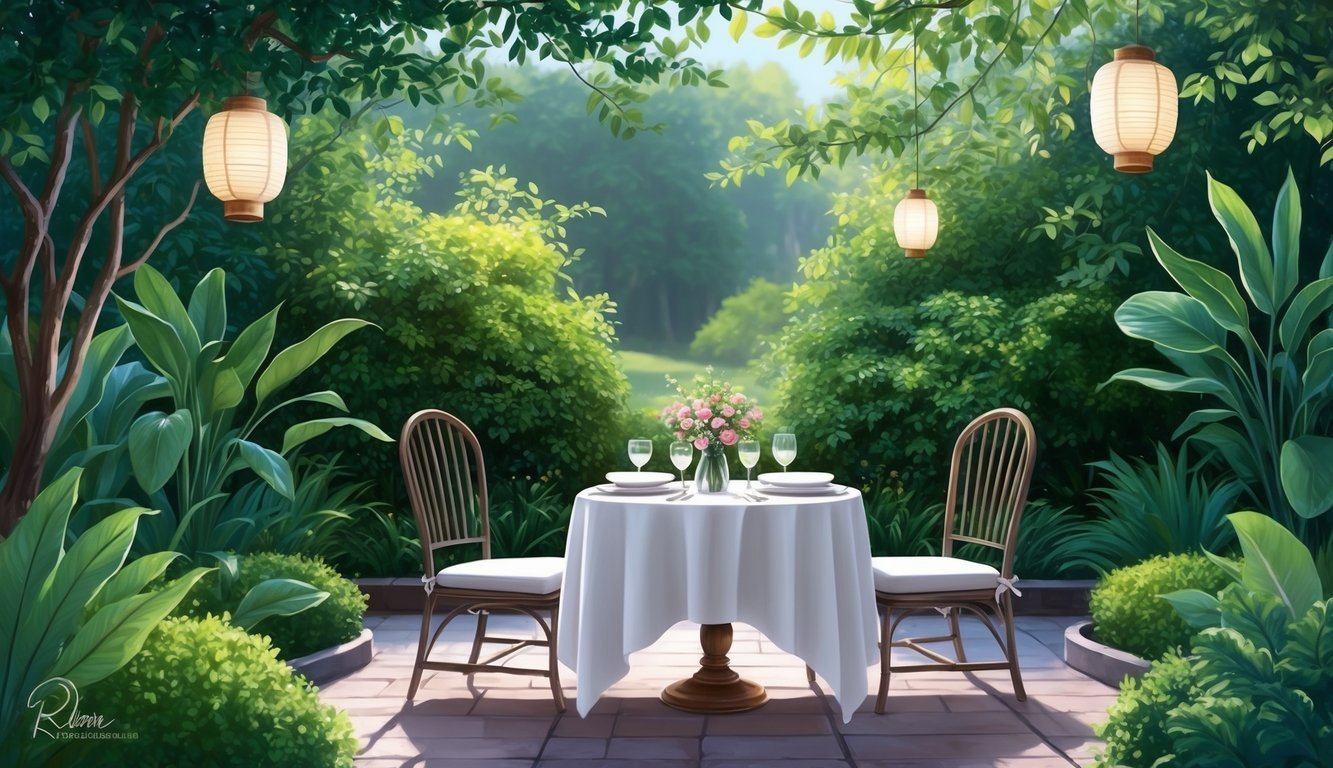 A serene garden with a table set for two, surrounded by lush greenery and softly lit by hanging lanterns