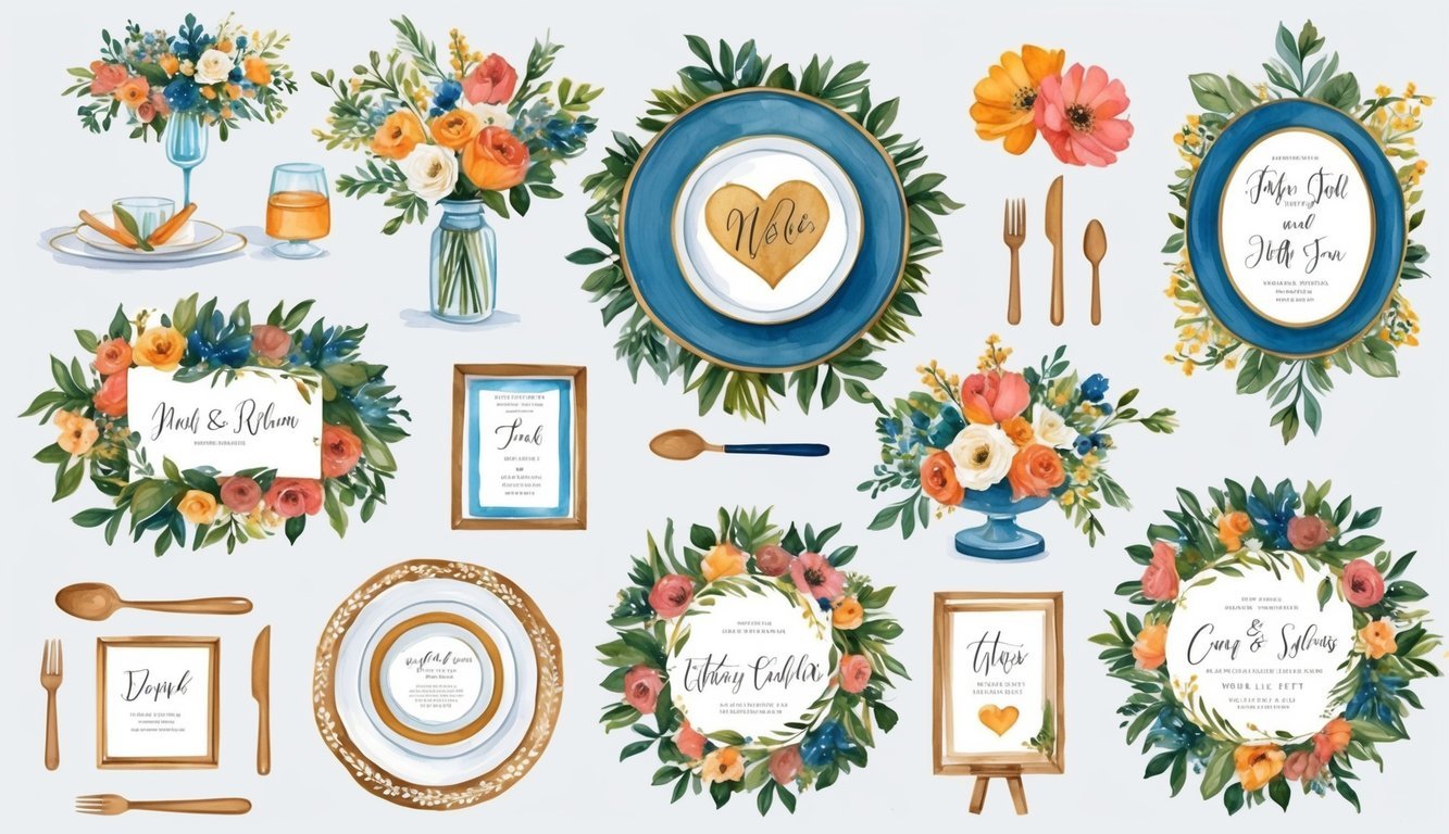 A couple's wedding decor includes personalized color palette items, such as custom table settings, unique floral arrangements, and hand-painted signage