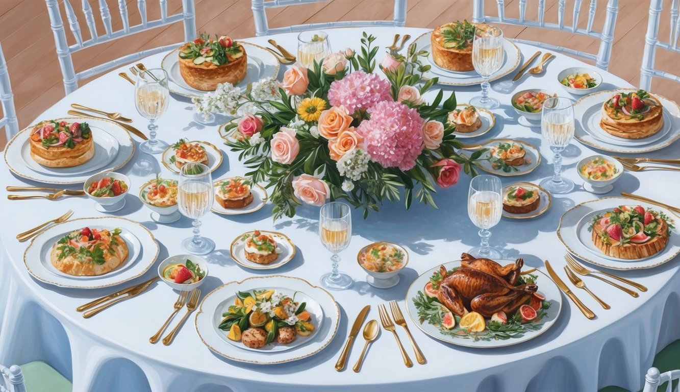 A beautifully set table with floral centerpieces, elegant place settings, and an array of delicious dishes for a bridal party lunch or brunch