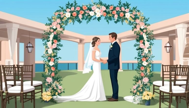 Bride and groom holding hands under floral arch at outdoor wedding