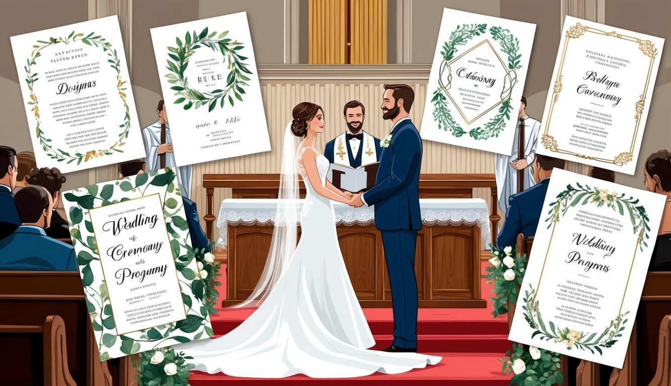 A bride and groom stand at the altar, surrounded by personalized wedding ceremony programs featuring unique designs and details